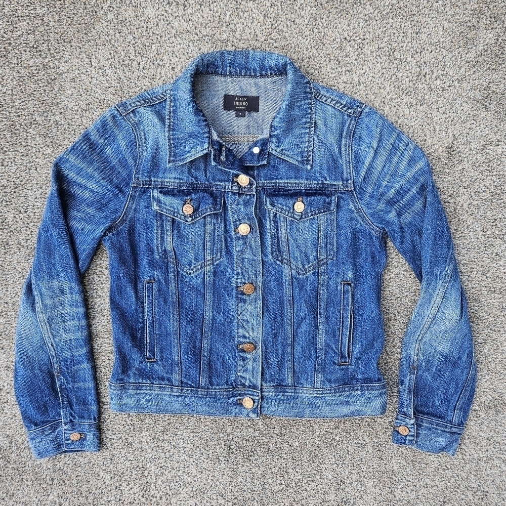 J Crew Indigo Denim Blue Jean Trucker Distressed Coat Cropped Womens Size Small